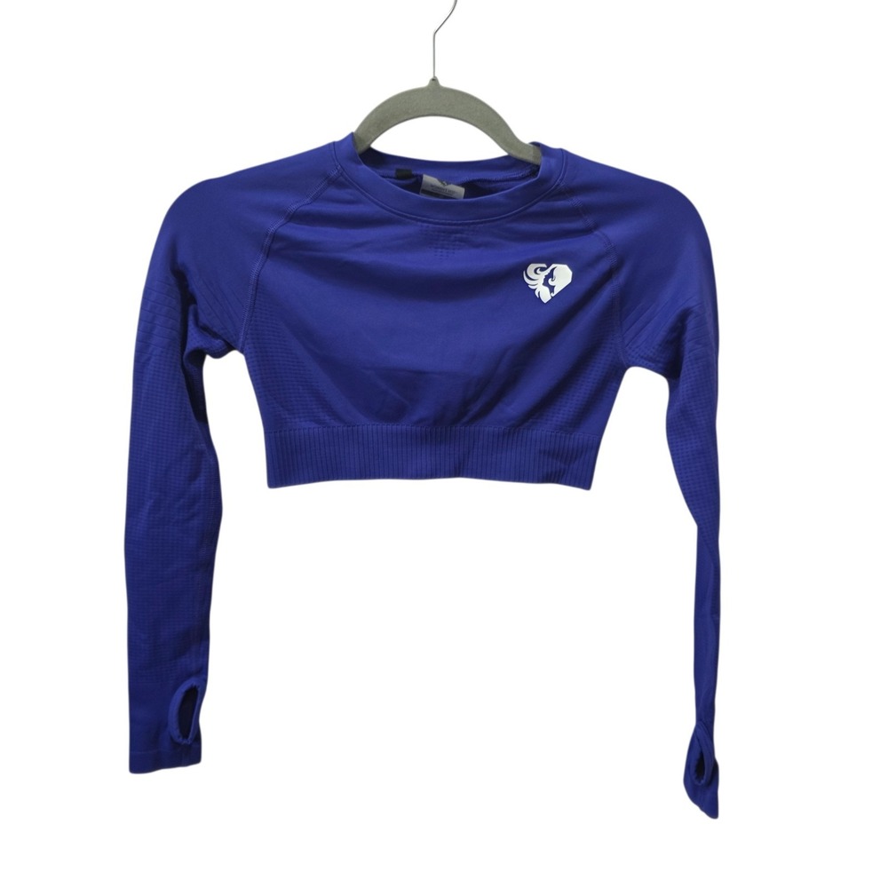 Women's Best Blue Seamless Crop Top Long Sleeve Gym Workout Shirt XS Thumbholes